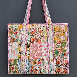 Patchwork Floral Quilted Cotton Tote Bag, Handmade Shoulder Market Bag