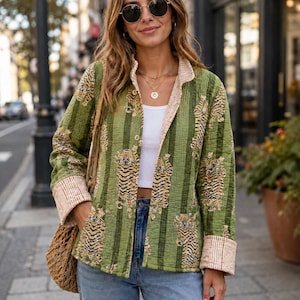 Green Tiger Print Quilted Cotton Jacket, Reversible Boho Kantha Coat Women