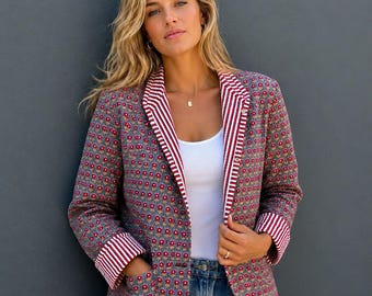 Jaqueta de algodão acolchoada feita à mão | Casaco boho reversível com estampa em bloco