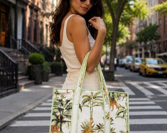 Bolso tote acolchado estilo safari, de algodón con estampado de animales de la jungla, bolso de hombro estilo boho para viajes.
