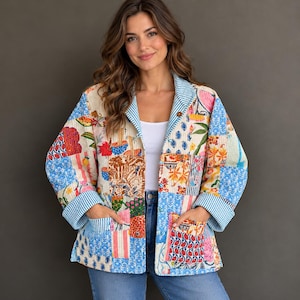 Giacca in cotone trapuntata a patchwork realizzata a mano, cappotto boho colorato, fodera a righe (da donna)