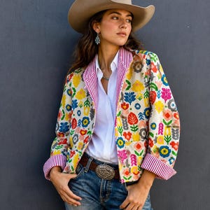Colorful Quilted Patchwork Jacket – Floral Boho Cotton Coat, Kantha Style Lightweight Outerwear