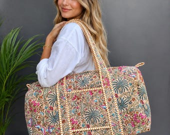 Beige Floral Block Print Quilted Cotton Duffel Bag, Boho Weekender Travel Tote
