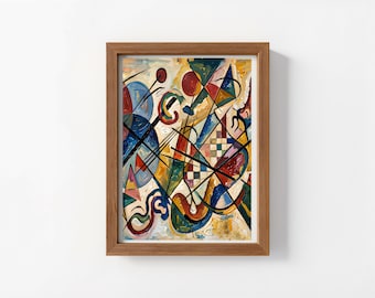 Una pintura al óleo abstracta que presenta una composición dinámica de formas geométricas y líneas orgánicas.