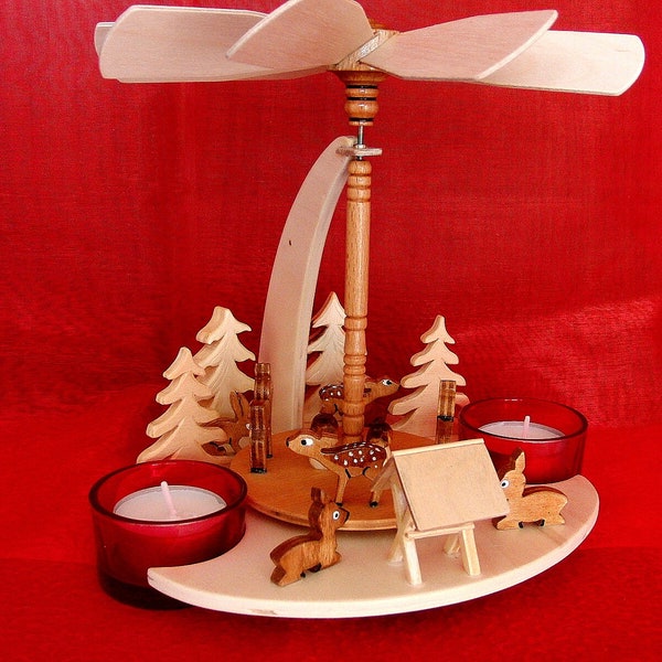 UNIQUE GERMAN HANDMADE Christmas Pyramid-with deer, cute rabbits and mushrooms