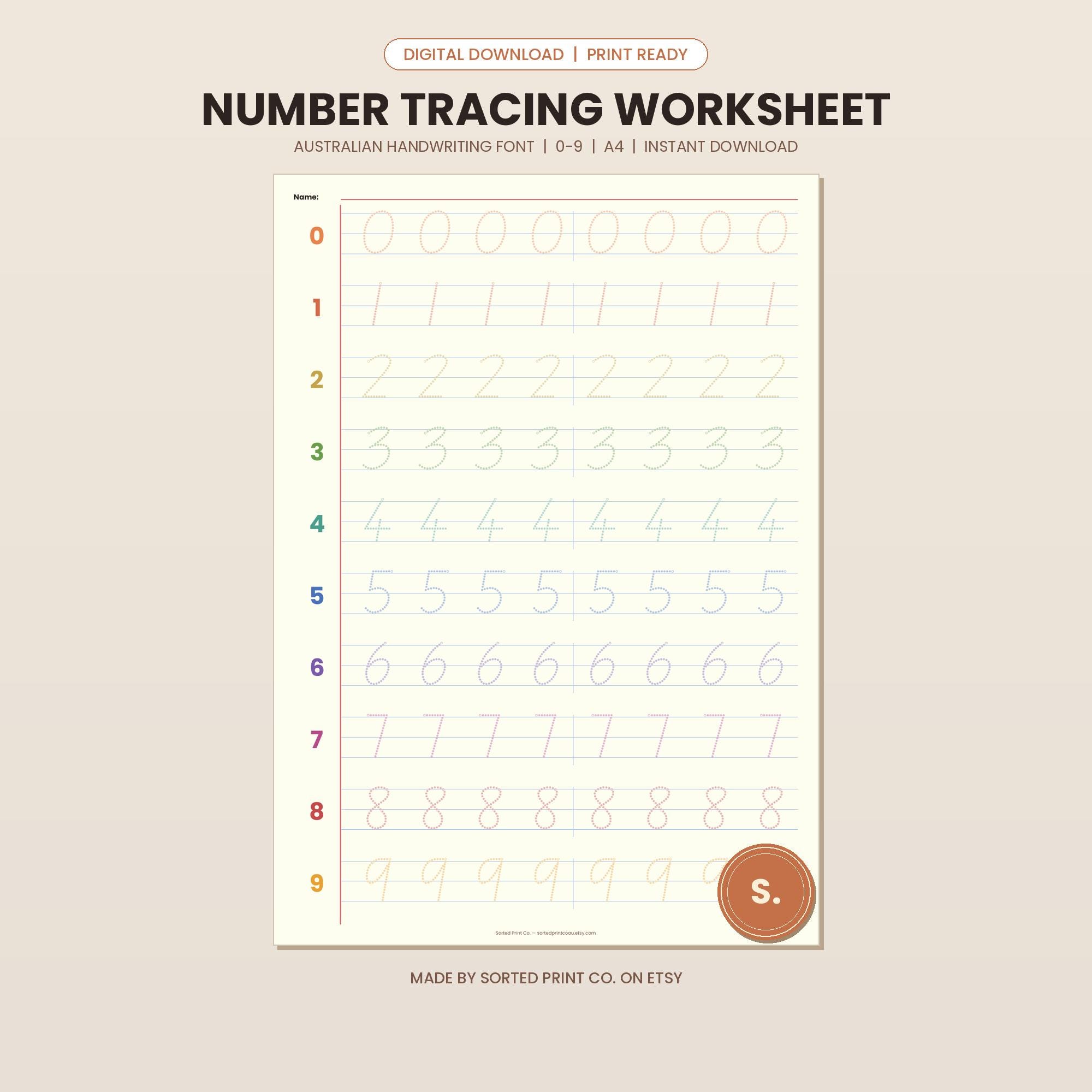 Number Tracing Worksheet Printable | Australian Handwriting Font | Kids ...
