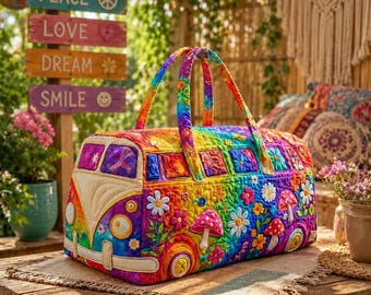Sac de sport rétro hippie pour camping-car, fourre-tout coloré pour le week-end, bagage champignon, équipement de festival, fourre-tout arc-en-ciel, accessoires groovy, sac de voyage