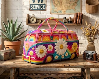 Mala de viagem retrô estilo hippie, bolsa de fim de semana psicodélica tie-dye, bolsa de viagem boho com margaridas, mala com símbolo da paz, bolsa para festivais e camping, presente para ela.