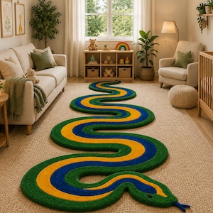 May include: A long, winding snake-shaped rug featuring concentric bands of green, yellow, and blue. The rug has a textured surface, a distinct head with a dark eye, and a blue forked tongue extending from the front, laid out on a floor.