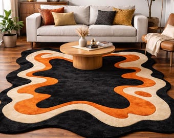 Hand-Tufted Abstract Wavy Rug – Black, Rust Orange, Beige Irregular Statement Carpet