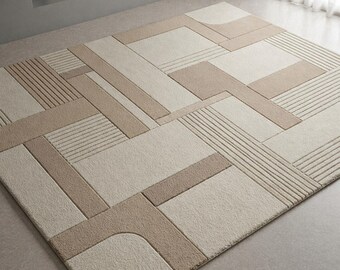 Handgemaakt geometrisch getuft vloerkleed | Neutraal beige crème abstract tapijt