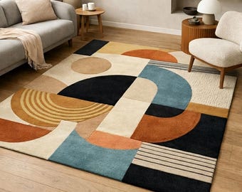 Abstract geometrisch handgetuft vloerkleed - moderne aardetinten uit het midden van de eeuw terracotta blauwgroen vloerdecor met textuur