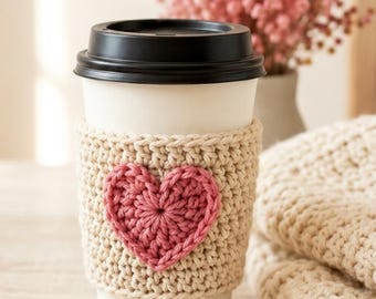 Haakpatroon hart cup sleeve, schattig koffie gezellig, beginnersvriendelijk doe-het-zelfcadeau, herbruikbare haakpatroon pdf, snel eenvoudig project, cadeau-idee