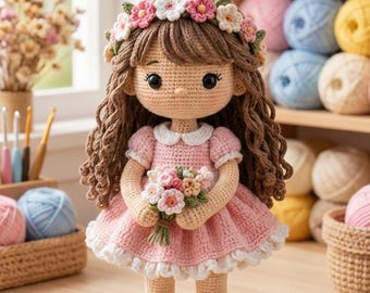 Patroon gehaakte bloemenmeisjespop pdf | Leuke amigurumi-poppenzelfstudie | Handgemaakte knuffel | Digitale download voor beginners