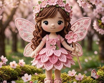 Pink Blossom Fairy gehaakt poppatroon, amigurumi-fee pdf-tutorial, bloemen feeënpop, haakpatroon fantasieprinses