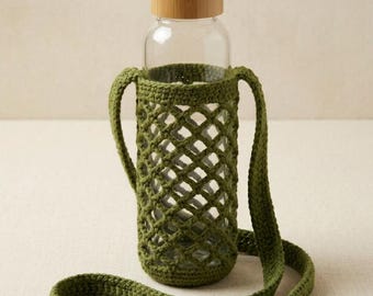 Gehaakte bidonhouder patroon gaas nettas drager pdf beginnersvriendelijk yoga sportschool eco herbruikbare sling past fles van 500 ml handgemaakt cadeau