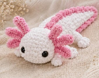 Fluwelen axolotl-haakpatroon pdf, geen naai-amigurumi axolotl, gemakkelijke pluche voor beginners, schattig kawaii speelgoed, groen wit roze, direct downloaden