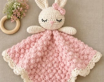 Gehaakt konijn Lovey-patroon voor beginners, gemakkelijke baby konijn veiligheidsdeken pdf, kraamcadeau DIY, zelfstudie knuffeldier met textuur