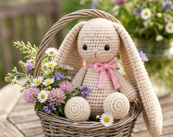 Haakpatroon konijn met lange oren pdf, groot konijn knuffel, schattig amigurumi-speelgoed, doe-het-zelfcadeau-idee voor beginners