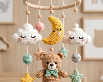 Haakpatroon baby mobiel - mobiel baby, mobiel kinderkamer, gehaakte wolk, gehaakte maan, mobiel wieg, decoratie kinderkamer, amigurumi-teddy
