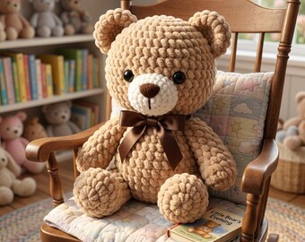 Haakpatroon chenilleteddybeer pdf: fluweelgaren amigurumi, pluche knuffelbeer, direct downloaden, Amerikaanse voorwaarden