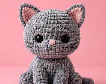 Download patroon amigurumi-katje, speelgoedinstructies fluweel garen, haakpatroon grijze korthaar kat (pdf)