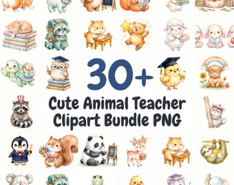 Animal Teacher Clipart Bundle, Kawaii School Graphics, PNG Files (Commercial Use)