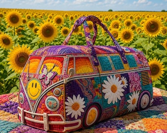 Quilted Camper Van Duffle Bag, Retro Boho Floral Weekender Tote, Hippie Travel Carry On