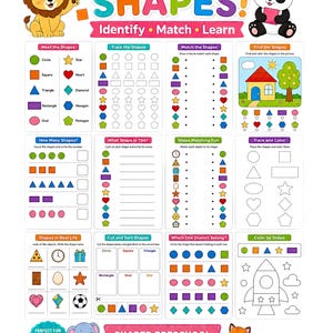 May include: A colorful educational worksheet titled LEARN SHAPES! featuring a lion, panda, and fox. It includes twelve sections with activities like tracing, matching, and coloring various geometric shapes, plus text labels for ages 2-6.