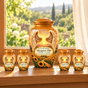 Sunflower Angel Wings Urn for Human Ashes, Personalized Yellow Adult Cremation Urn with Sunset Design