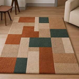 Terracotta Sage Green Geometric Rug, Modern Patchwork Area Rug, Abstract Tufted Carpet, Neutral Boho Living Room Rug, Minimalist Floor Rug