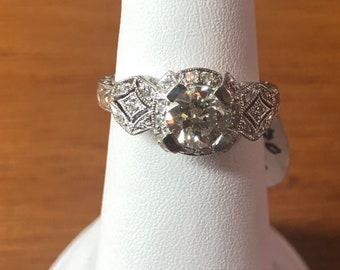 Platinum antique, vintage, Art Deco, milgrain handmade engagement ring with 1.00 Ct old mine diamond in the center.