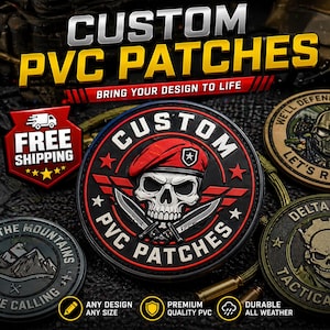 May include: Custom PVC patches with various designs. One patch features a skull wearing a red beret and holding two knives. Other patches include mountain and tactical designs. The text "Bring Your Design to Life" is also visible.