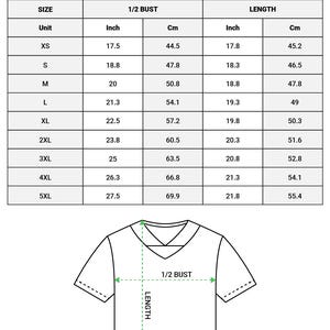 May include: A size chart for an AOP mesh crop top football jersey. The chart lists sizes from XS to 5XL with corresponding 1/2 bust and length measurements in inches and centimeters. A line drawing of the jersey shows how to measure the bust and length.