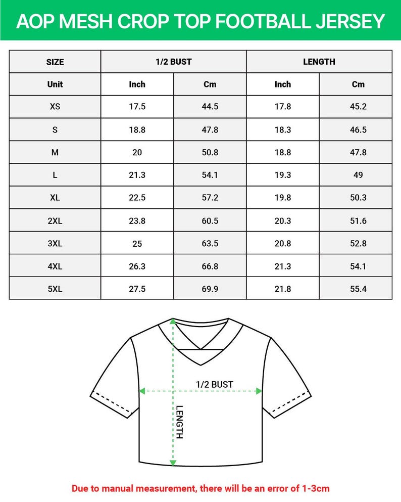 May include: A size chart for an AOP mesh crop top football jersey. The chart lists sizes from XS to 5XL with corresponding 1/2 bust and length measurements in inches and centimeters. A line drawing of the jersey shows how to measure the bust and length.