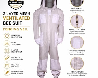 Traje de apicultor blanco de 3 capas ventilado, con velo de cercado abatible y desmontable, a prueba de picaduras, transpirable, ultra fresco, ideal para apicultores.
