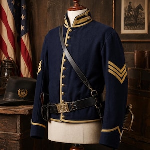 May include: A dark blue military-style jacket featuring a high collar with gold trim, brass buttons down the front, and gold chevron stripes on the sleeves. A black leather belt with a gold buckle and a diagonal shoulder strap are worn over the jacket.