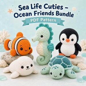 Ocean Animals Crochet Pattern Bundle, 5 Amigurumi PDFs: Turtle, Seahorse, Seal, Penguin, Clownfish