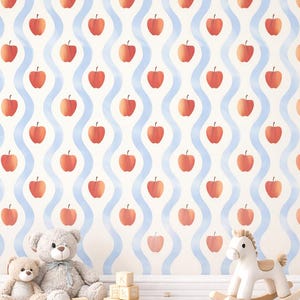 Retro Apple Wallpaper Print | Wavy Stripes, Vintage Fruit Nursery Decor (Digital Download)