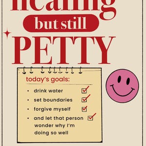 Mental health humor printable wall art featuring self-growth quote, checklist illustration, smiley face graphic, and relatable healing journey decor.