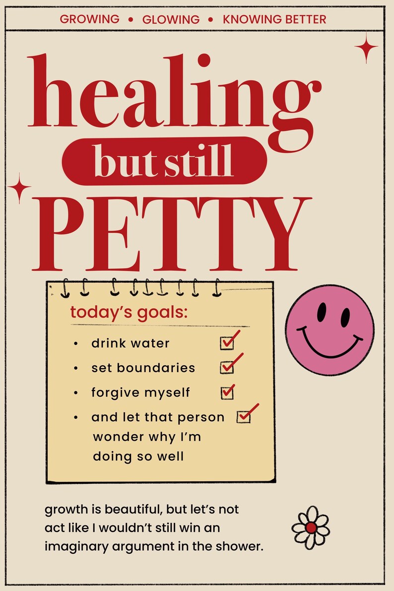 Mental health humor printable wall art featuring self-growth quote, checklist illustration, smiley face graphic, and relatable healing journey decor.