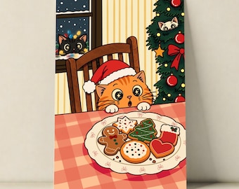 Puede incluir: Una ilustración vertical que muestra un gato atigrado naranja con un gorro de Papá Noel, mirando un plato de galletas navideñas sobre un mantel de cuadros rojos y blancos. Un gato negro observa por la ventana y uno blanco asoma del árbol.