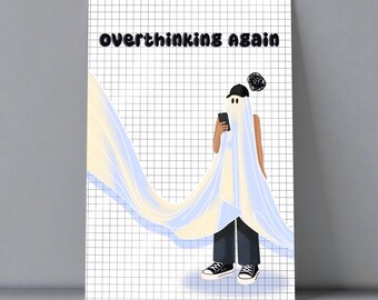 Puede incluir: Una ilustración digital sobre un fondo de cuadrícula blanca que muestra una figura envuelta en una sábana blanca translúcida, con una gorra de béisbol negra y zapatillas negras, sosteniendo un teléfono inteligente. El texto "overthinking Again" está en negro.