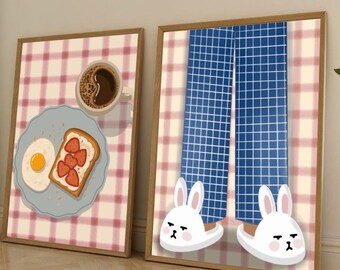 Conjunto de láminas "Desayuno acogedor y pijama", estampado de cuadros vichy rosa, póster de cocina, decoración de pared para desayunos, café frito, descarga digital.