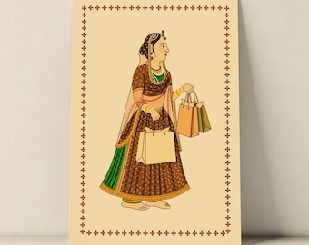 Puede incluir: Una impresión rectangular que presenta una ilustración estilizada de una figura con una prenda estampada en marrón y verde con un tocado, sosteniendo tres bolsas de compras. La obra está encerrada en un borde de patrón de cruces marrón.