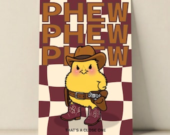 Póster divertido de vaquera "Pew Phew Phew", arte mural del oeste, estampado de gallina adorable, decoración infantil para vaqueras, arte con humor campestre, descarga digital.