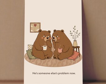 Póster personalizado de oso para pared, decoración para rupturas, lámina divertida de oso chismoso, regalo para mejor amigo/a, póster para amantes del café y el té, descarga digital.