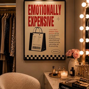 Funny fashion wall art printable in a black frame above a marble vanity in a cozy dressing room with designer perfume, candles, roses, jewelry, and clothing rack. Modern feminine aesthetic home decor.