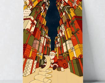 Puede incluir: Una ilustración vertical que muestra a Santa Claus sentado en el suelo, sosteniendo un largo pergamino de papel. Está rodeado por dos torres de cajas de regalo coloridas en tonos rojos, verdes y amarillos, bajo un cielo nocturno estrellado.