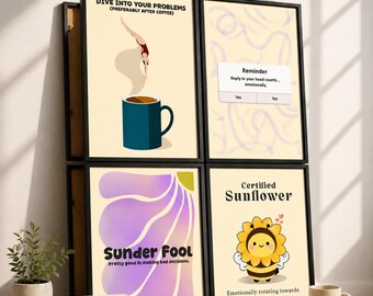 Juego de 4 láminas con divertidos diseños de café, girasol y abejas, decoración original para dormitorios universitarios, descarga digital.